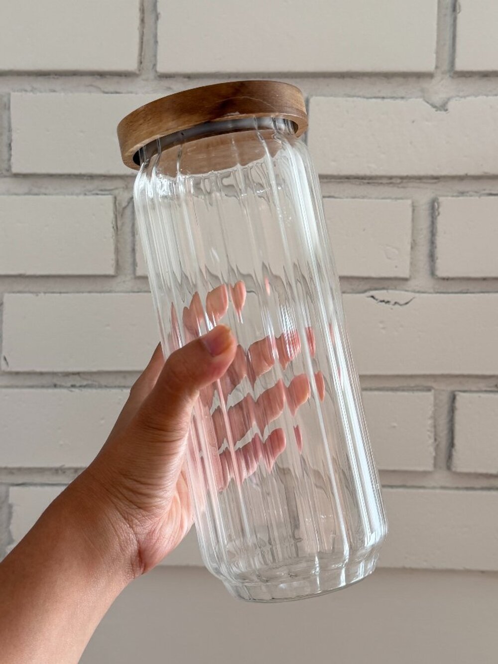 home | clear ribbed glass container with wooden top